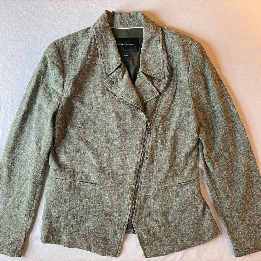 Banana Republic Jacket Women 8 Rifle Green Linen Blend Moto Long Sleeve